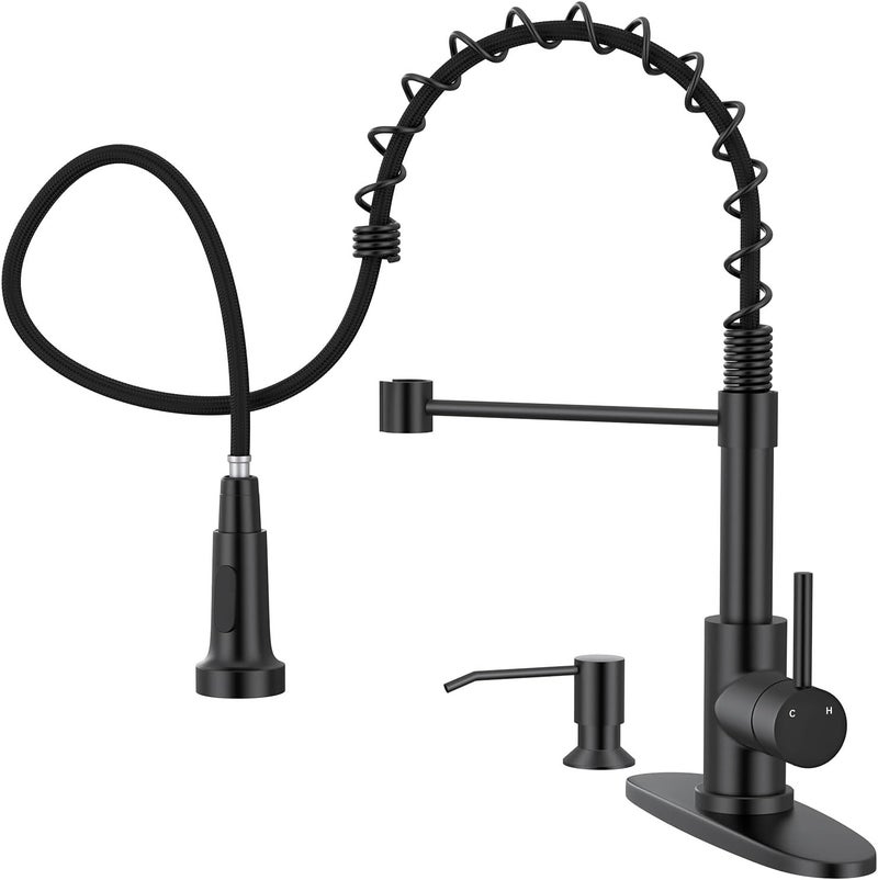 Arofa Kitchen Faucet with Soap Dispenser, Stainless Steel Kitchen Sink Faucets with Pull-Down Sprayer 2 Mode, Single Handle Modern Spring Faucet for 1 or 3 Hole, Matte Black RV & Bar Faucets - Image 1